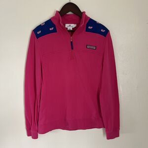 VINEYARD VINES Women’s Whale Embroidered 1/4 Zip Shep Shirt, Pink & Navy- Medium